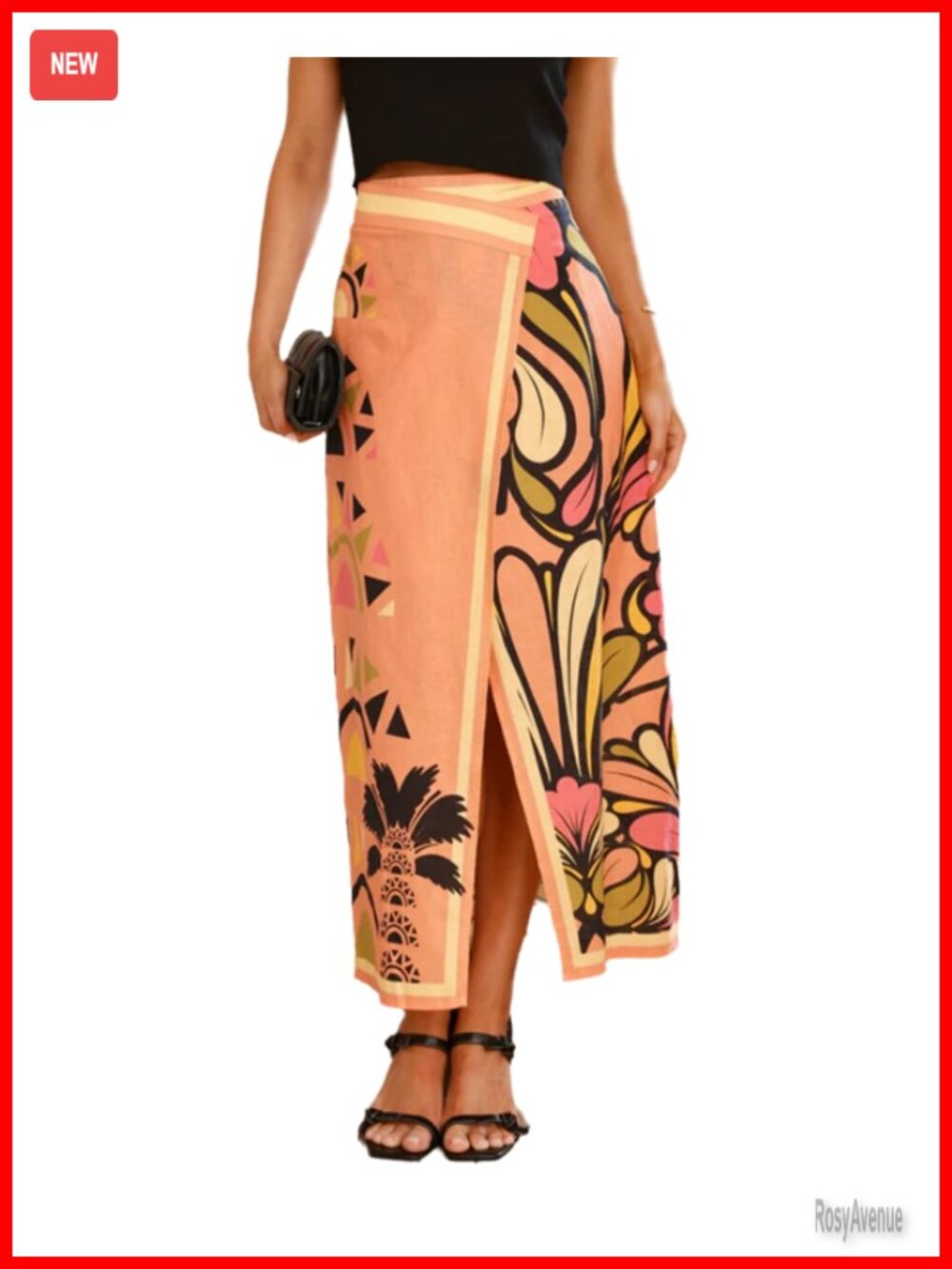 Floral Print Midi Skirt High Waist Front Split Casual Summer - Picture 4 of 4
